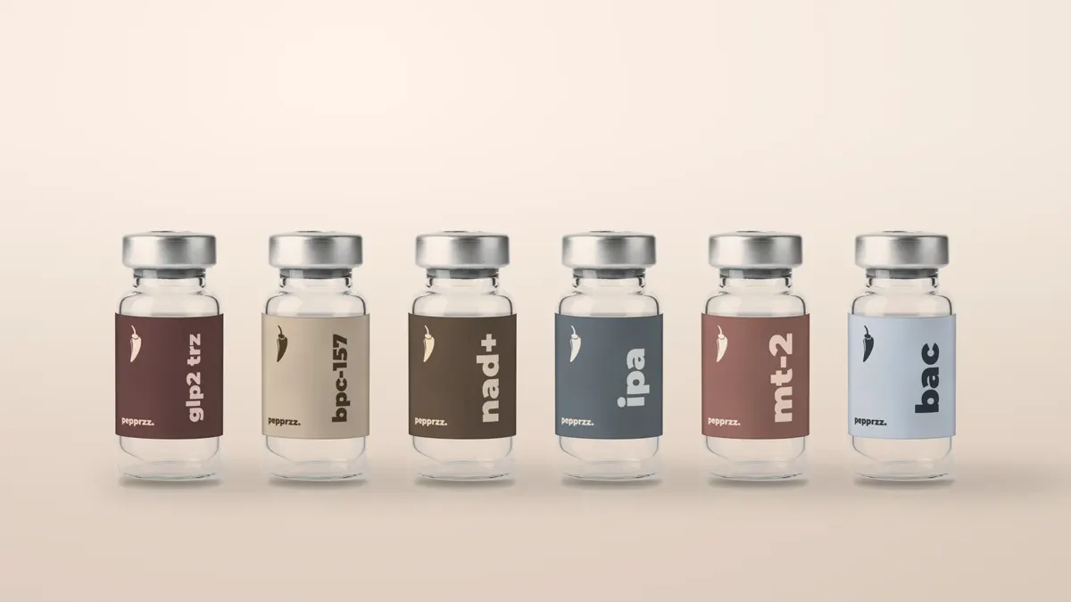 Six Pepprzz vials in a row